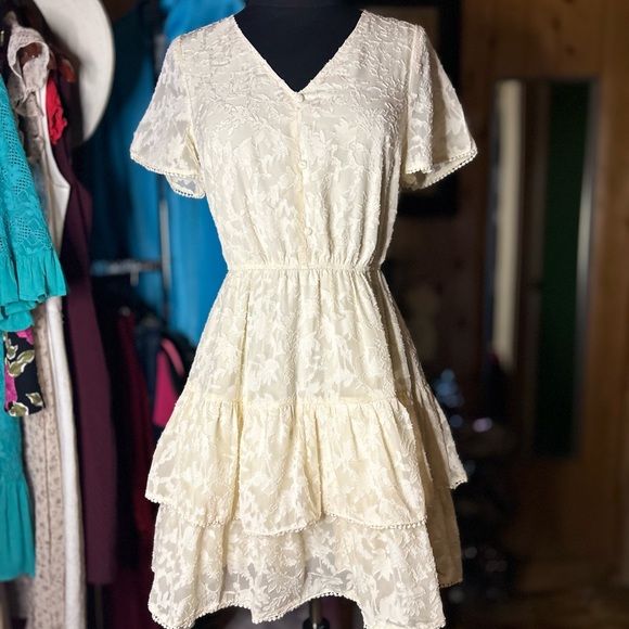 Cream Lace Tiered Fit and Flare Mini Dress NWT - Picture 3 of 12